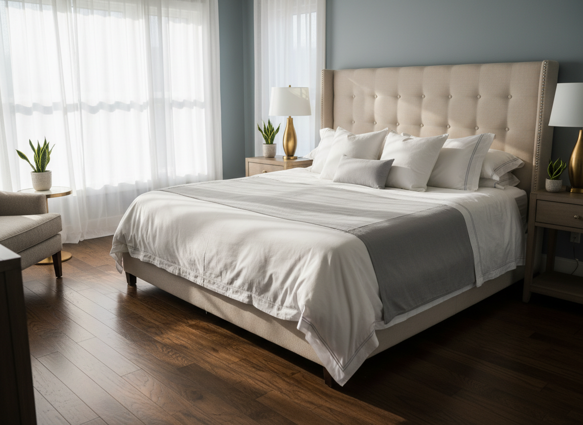 An elegantly styled master bedroom in a Brainerd Lakes Area home, featuring a tufted upholstered headboard, crisply made bed with layered white and dove-gray linens, and perfectly fluffed pillows aligned with precision. Nightstands are clutter-free, each with a single polished lamp and a small plant. The hardwood floor has a soft sheen from recent mopping. Golden hour light streams through sheer curtains, casting warm, elongated shadows that enhance the sense of serenity. Photographic realism, framed using the rule of thirds from a corner angle to showcase the entire room, conveying luxurious, judgment-free residential cleaning tailored to each home.