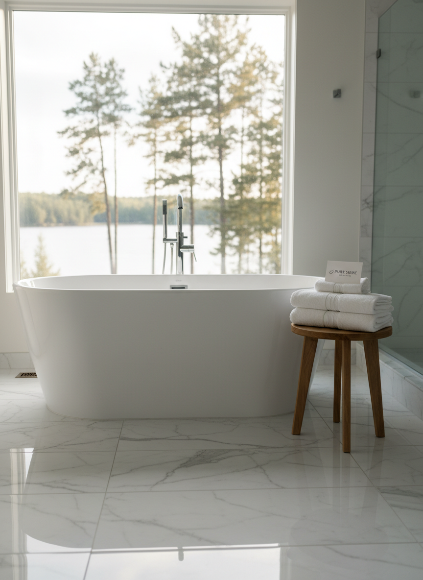 A polished bathroom scene featuring a freestanding white soaking tub beside a large window overlooking a hint of pine trees and water, suggesting the Brainerd Lakes Area setting. Every surface is immaculate: the marble floor reflects light softly, chrome fixtures gleam without spots, and a folded stack of fluffy white towels sits perfectly squared on a wooden stool. Diffused natural light fills the room, creating a serene, spa-like atmosphere. Photographic realism, shot at a slightly low angle to emphasize the glossy cleanliness of the floors and fixtures, with a calm, high-end, judgment-free mood ideal for a premium residential cleaning service.