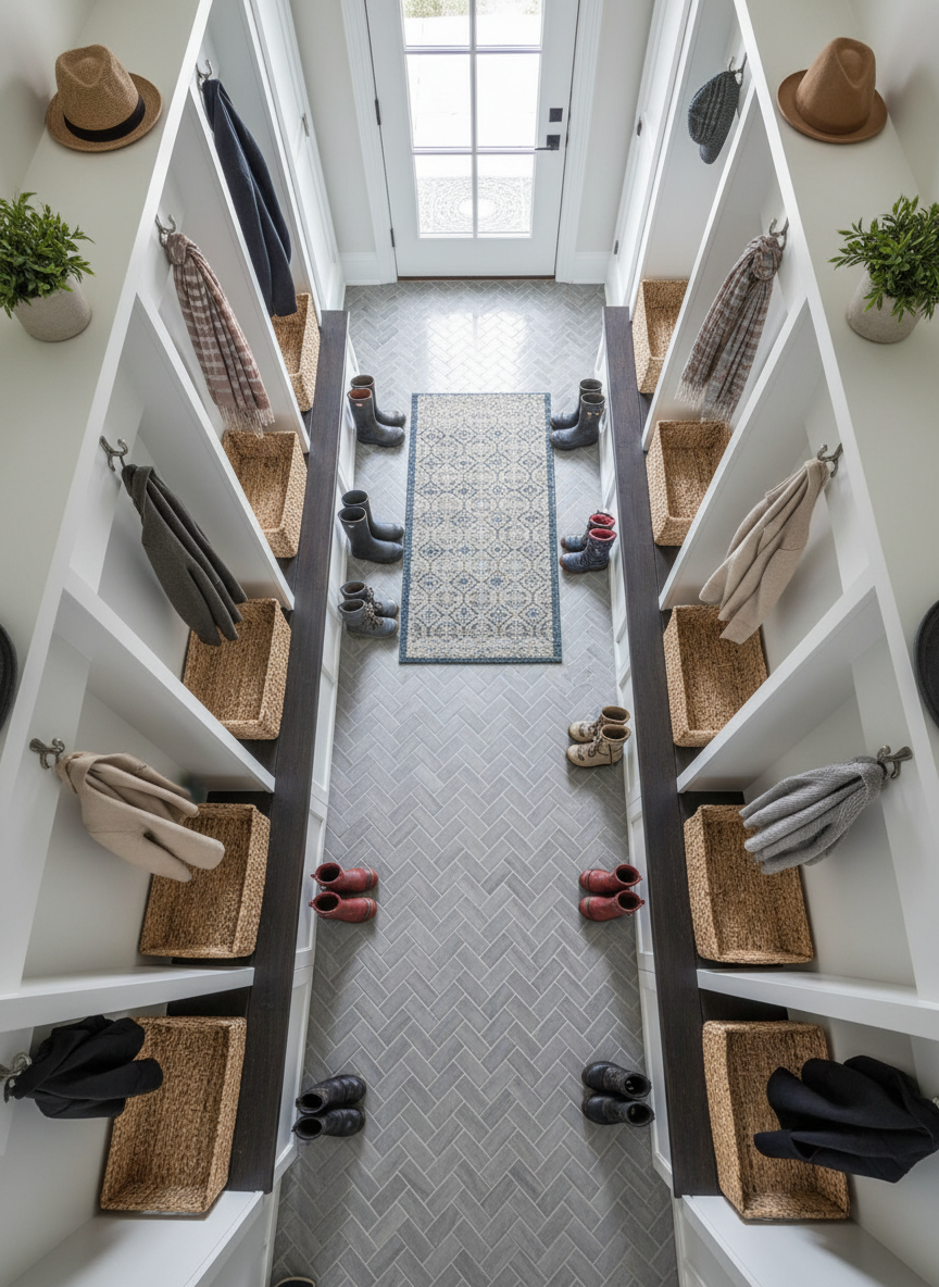 An overhead, photographic view of a tidy mudroom entryway in a lakes-area home, with built-in white cubbies, woven baskets, and neatly lined boots on a spotless tiled floor. A textured doormat is perfectly aligned, and there is a subtle sheen on the tile from careful cleaning. Hooks hold organized outerwear, with no clutter on benches or surfaces. Soft, diffused daylight enters from a nearby door window, creating a clean, airy feeling. The composition is symmetrical, emphasizing order and organization, with sharp focus and a sophisticated, modern aesthetic that communicates insured, bonded, professional home cleaning.