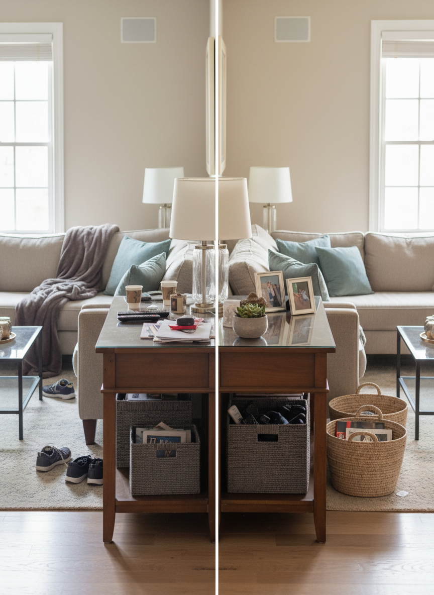 A before-and-after style composition in a single photographic frame: on the left, a slightly cluttered living space with scattered items on a console and light dust visible; on the right, the same scene transformed into a flawlessly organized, gleaming room. The dividing line is subtle but clear. Surfaces on the right side shine, décor is perfectly aligned, and storage baskets hold once-loose items, representing tailored, judgment-free cleaning. Soft, even daylight bathes both sides, with slightly stronger highlights on the cleaned portion. Eye-level, wide-angle composition, sophisticated and realistic, emphasizing the transformative effect of professional, insured residential cleaning.