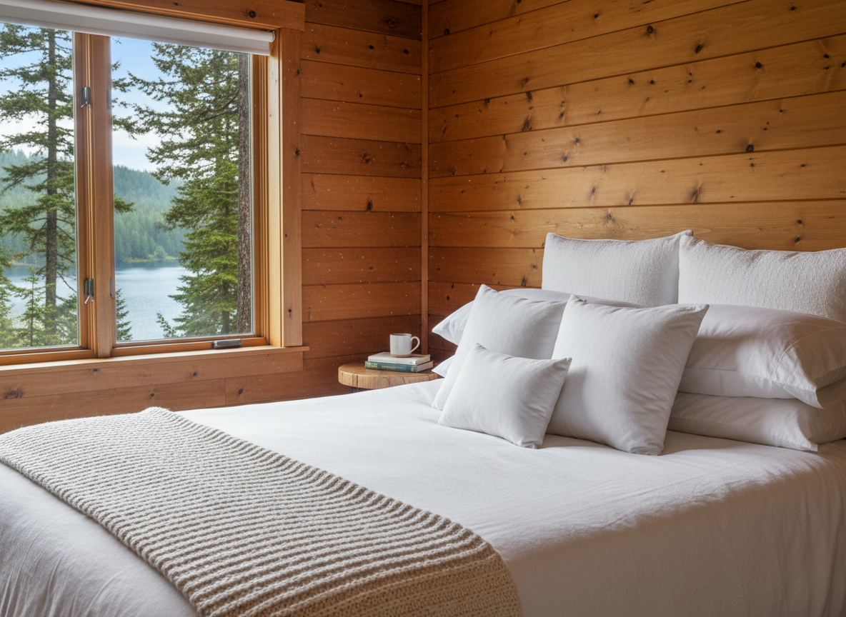 Freshly made bed in a clean cabin bedroom