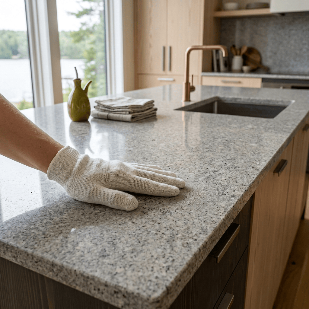 White-gloved hand inspecting dust on a stone fireplace mantel