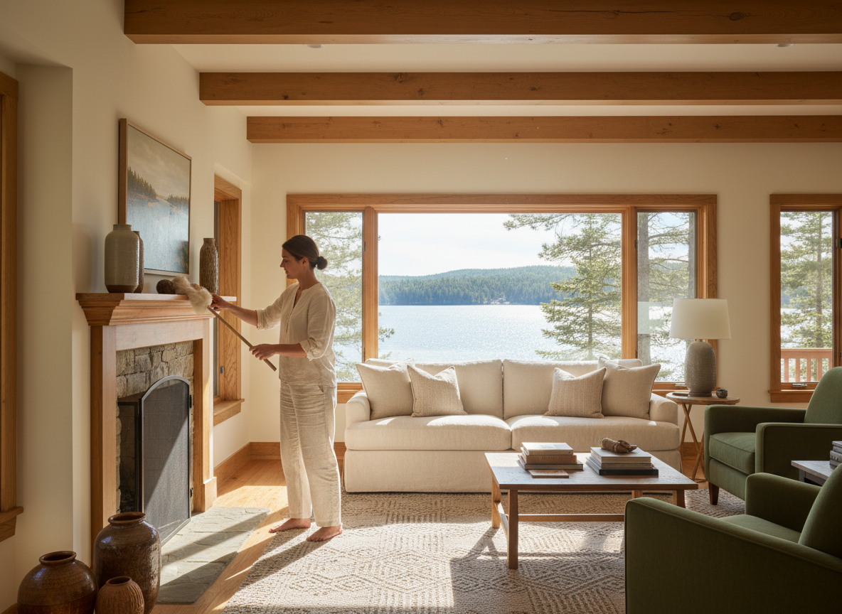 Someone carefully dusting a bright, elegant living room in a warm lake home, natural light