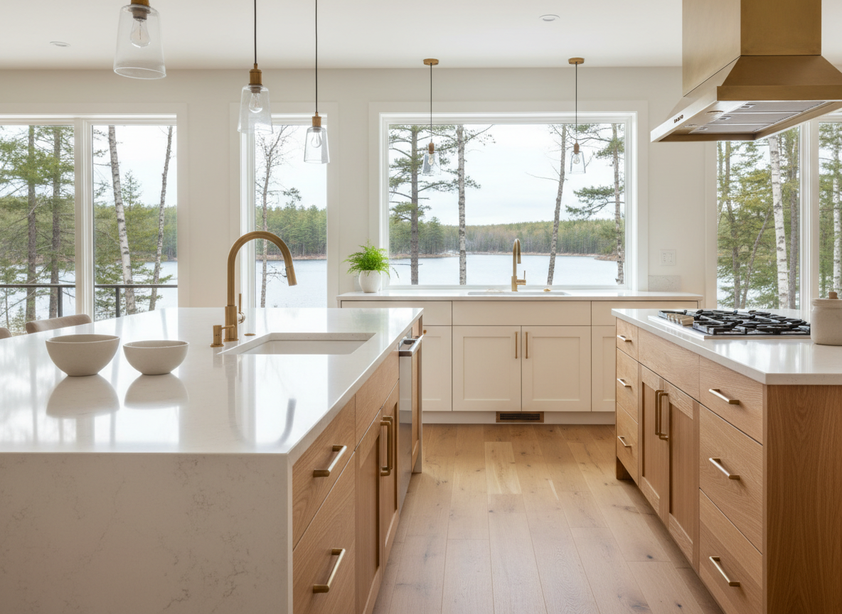 Sparkling clean modern kitchen in a warm lake home, spotless counters, gleaming fixtures, natural light