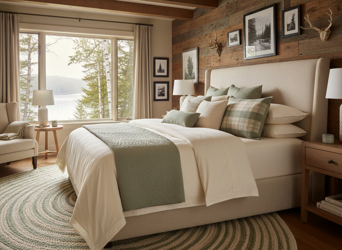 Beautifully made bed in a cozy, elegant bedroom of a Minnesota lake home, crisp linens, warm natural light
