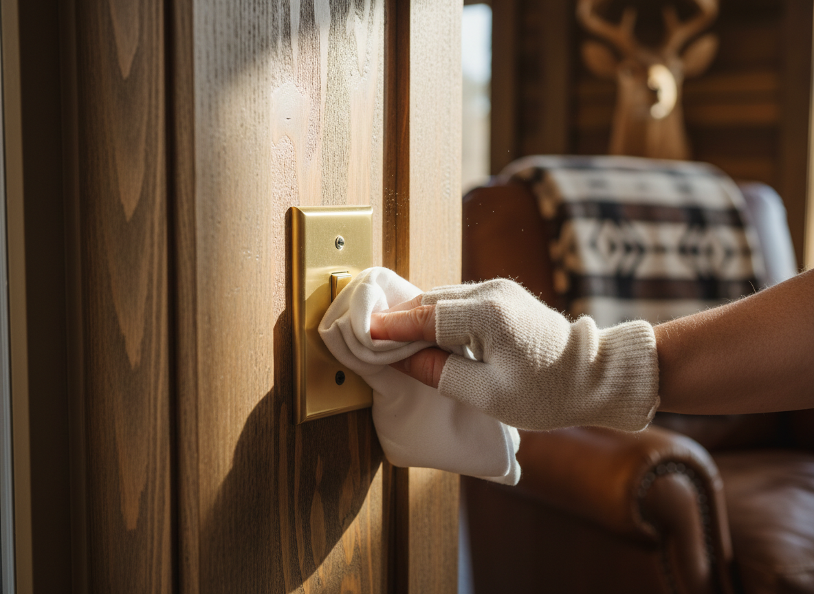 Close-up of careful cleaning detail work, polishing a fixture in an elegant warm home, natural light