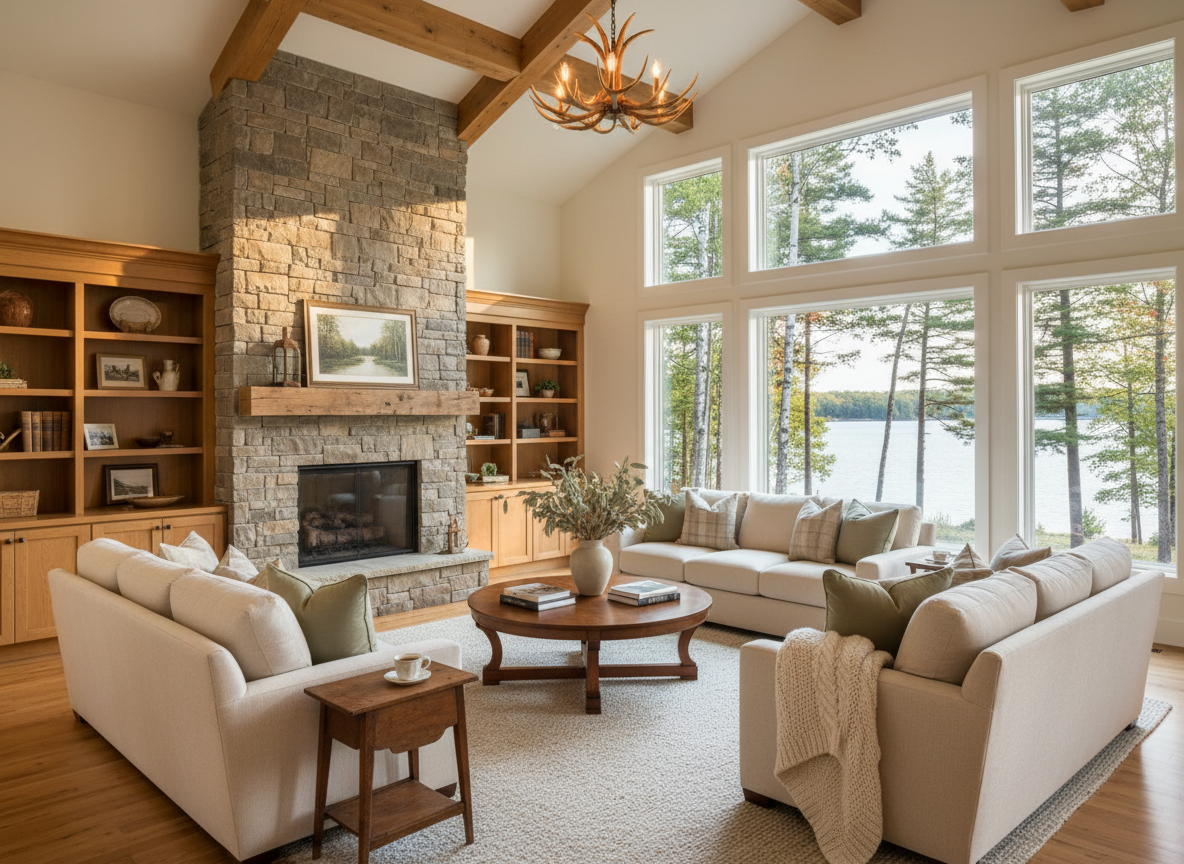 Bright, clean, welcoming Minnesota lake-home interior with warm natural light, cream and sage tones, Northwoods aesthetic