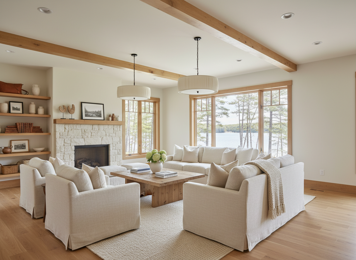Clean, tidy warm home interior fully reset and refreshed, bright natural light, cream tones and wood accents