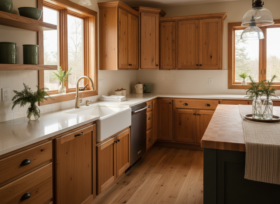 A gleaming, beautifully cleaned Northwoods home kitchen with natural wood cabinets, cream countertops, and warm morning light.