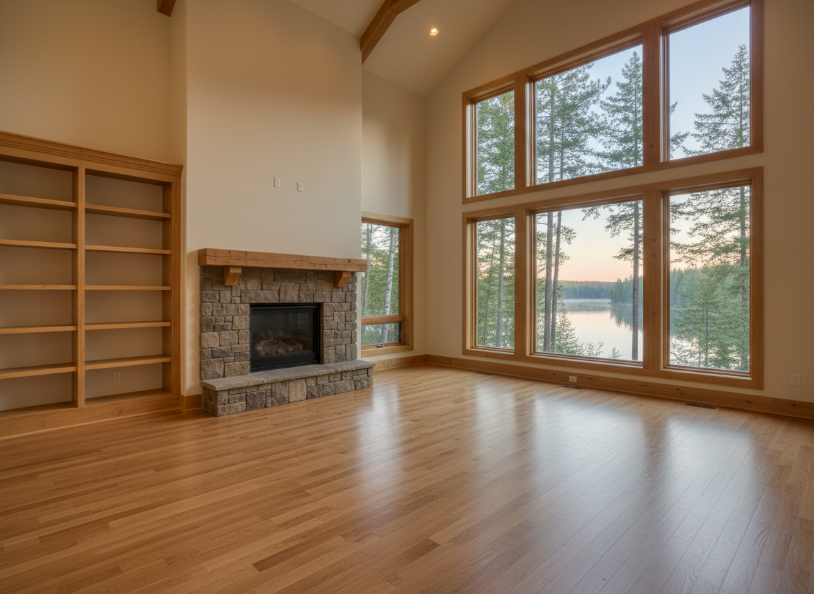 A serene, sophisticated Northwoods lake-home interior bathed in warm natural light with a spotless living space, natural wood tones, and large windows overlooking pine trees and a lake.
