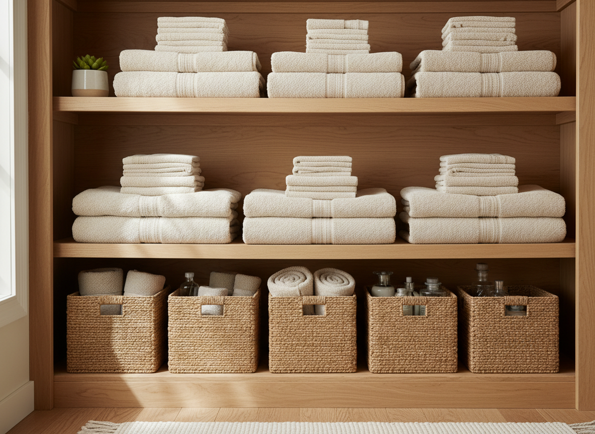 Organized linen closet with folded towels and baskets