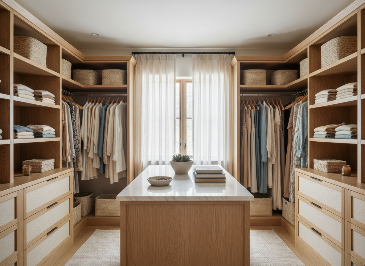 Neatly organized closet with folded items in warm natural light