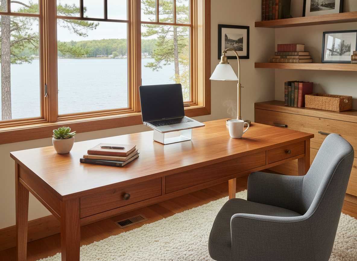 Tidy organized home office desk in a cozy lake home