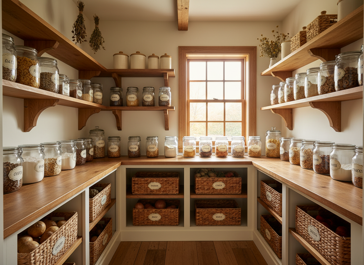 Organized kitchen pantry with labeled containers in warm light