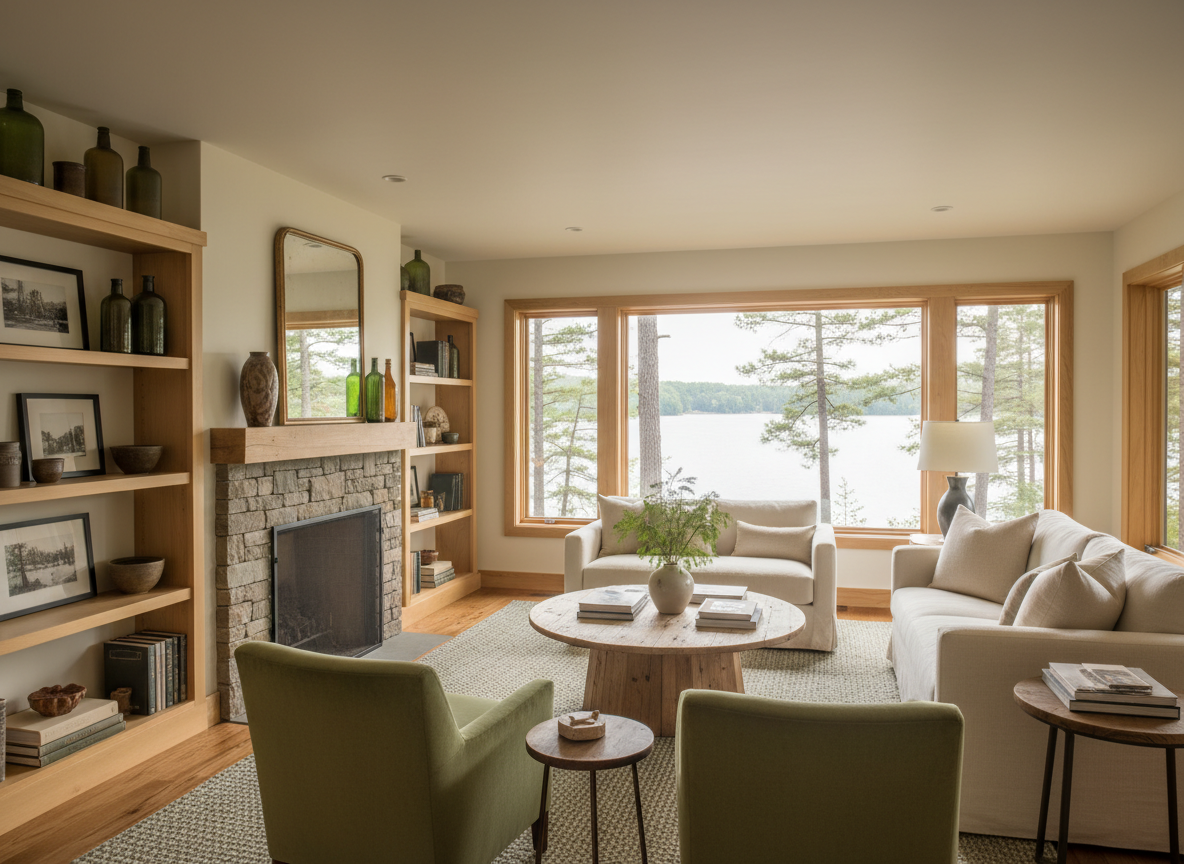 Organized Northwoods lake-home interior with arranged shelves in warm natural light