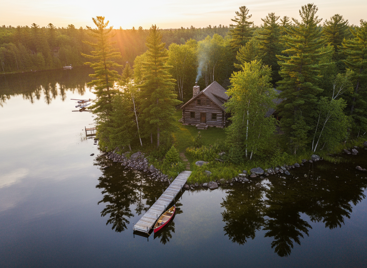 Aerial view of a Northwoods cabin surrounded by pines on the shore of Gull Lake near Nisswa, Minnesota