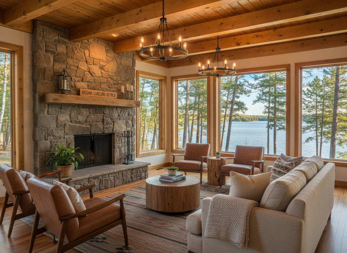A tidy, sunlit Northwoods cabin interior with warm wood tones near Nisswa, Minnesota