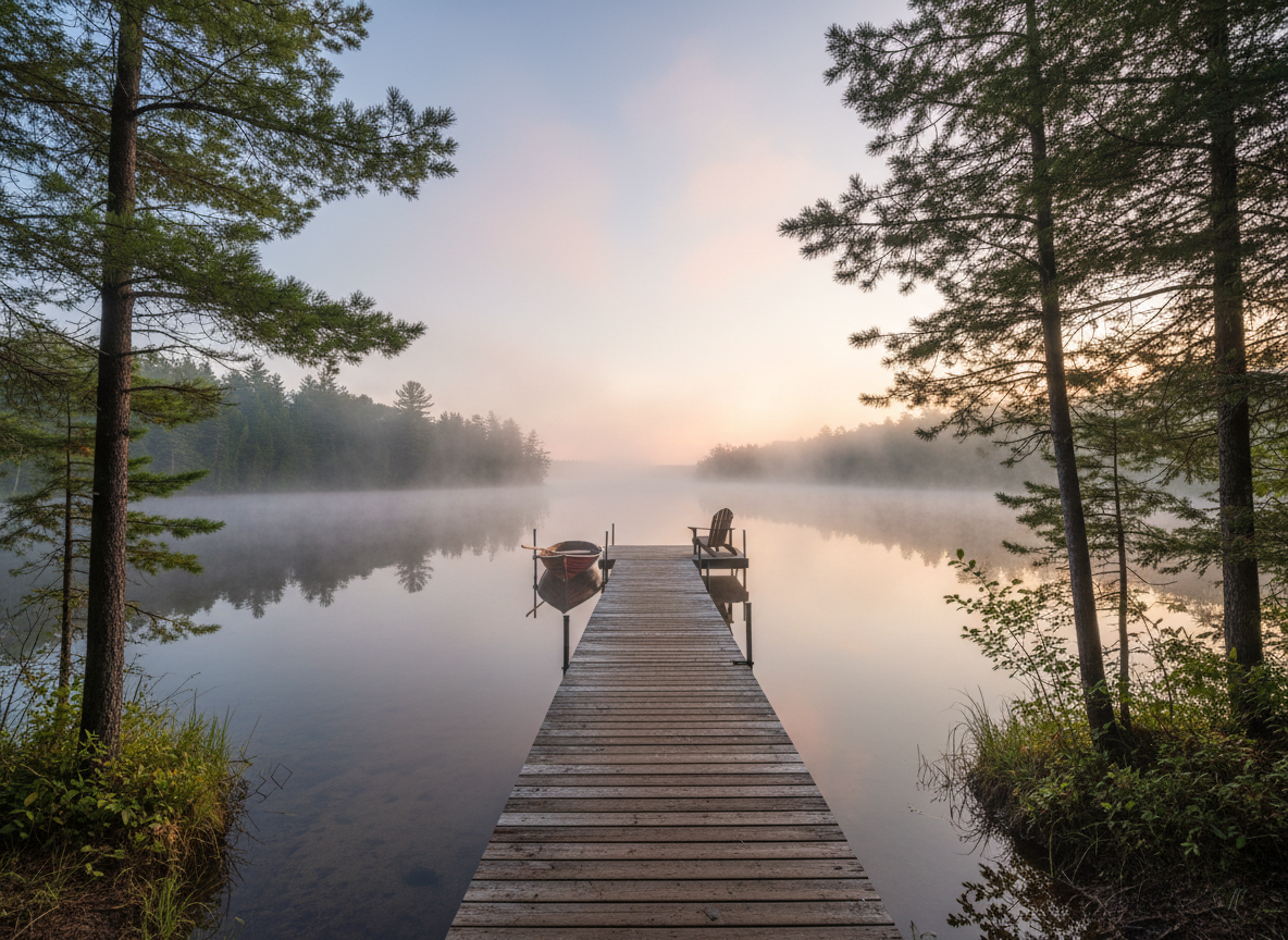 A quiet dock reaching into Gull Lake at golden hour near Nisswa, Minnesota