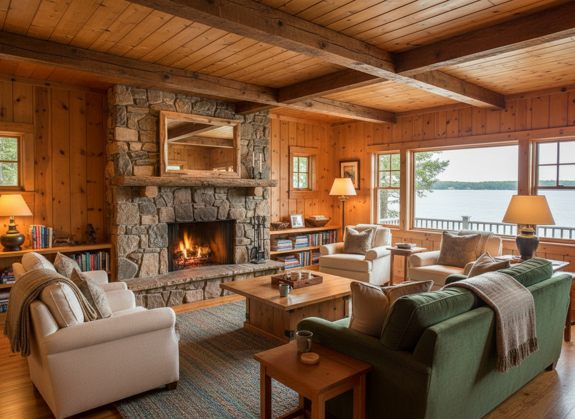 Elegant, sunlit historic cabin interior on the Whitefish Chain near Crosslake