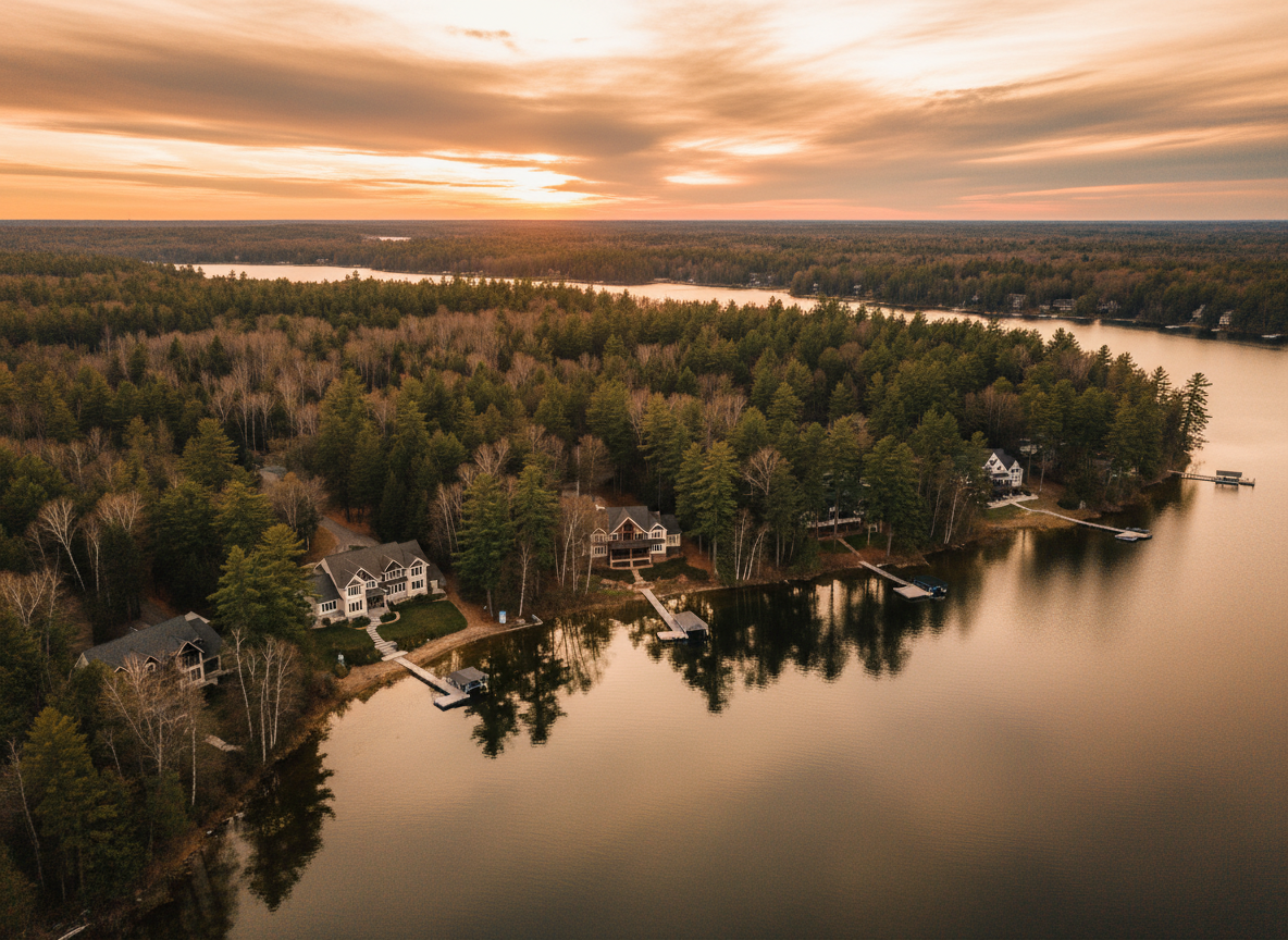 Cinematic wide aerial view of Breezy Point, Minnesota lake community at golden hour with Pelican Lake shoreline and Northwoods forest