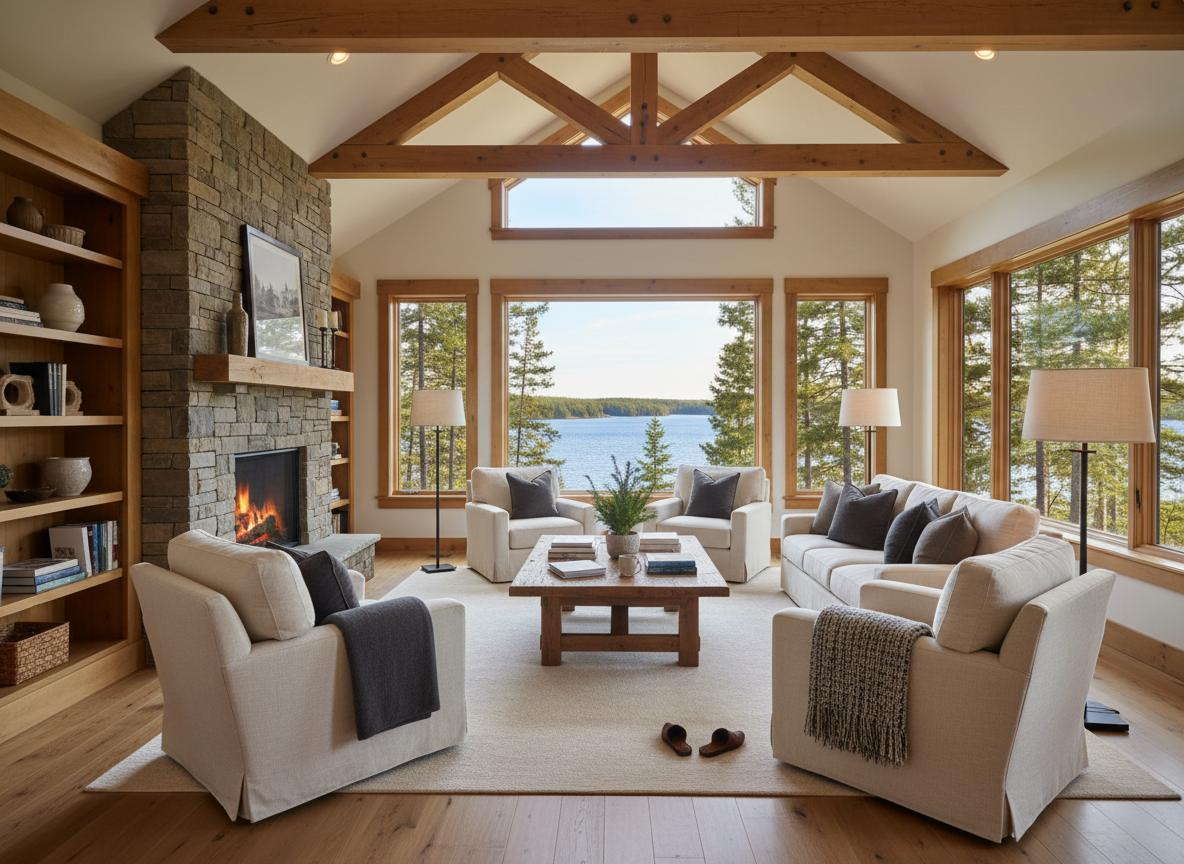 Cozy high-end Northwoods lake-home interior with wood beams and large windows overlooking a lake and pines