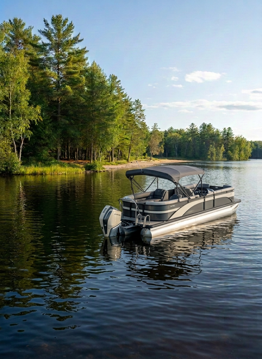 Summer lake life in northern Minnesota — a wooden dock reaching into calm blue Pelican Lake at midday, a boat moored nearby, green pine trees along the shore, bright warm sunlight, sophisticated editorial photography, inviting and elegant