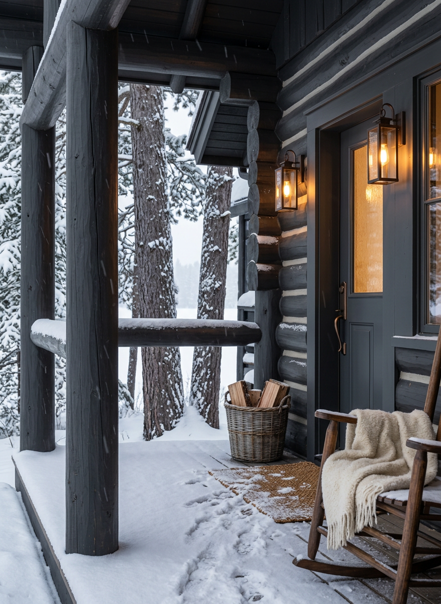 Quiet snowy winter in a Northwoods Minnesota lake community — snow-covered pines along a frozen lakeshore, soft blue-grey light, a cozy cabin with warm glowing windows in the distance, serene and elegant editorial photography
