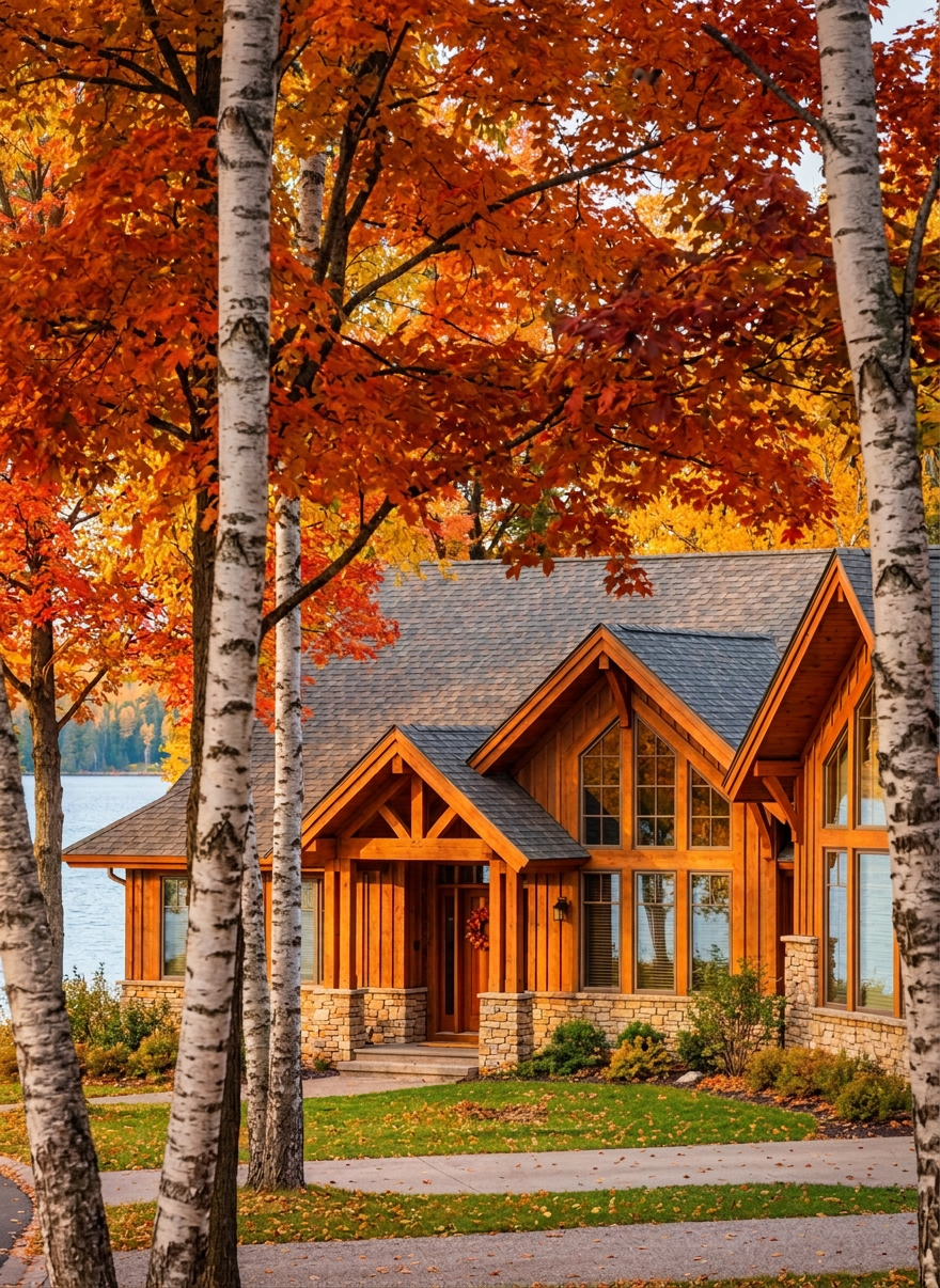 Brilliant autumn color in a northern Minnesota lake neighborhood — tree-lined street with maples and birches in vivid orange and gold, a lake visible through the trees, crisp clear light, editorial lake-home magazine style