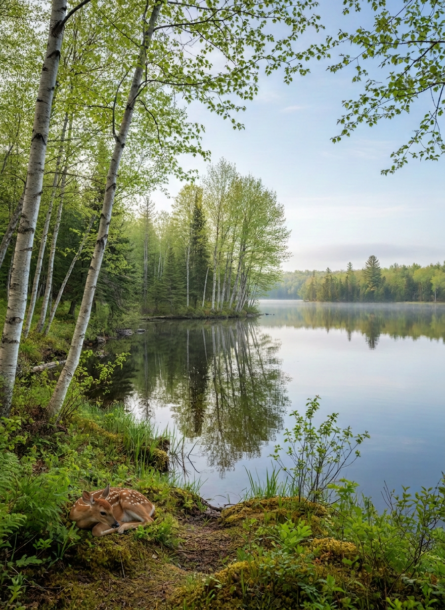 Spotted fawn resting beside a calm lake near a cabin and canoe